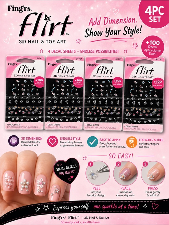 Fing’rs Other - Fing'rs Flirt 3D Nail & Toe Art Decal Set - Pink, White, Silver- 4pc set